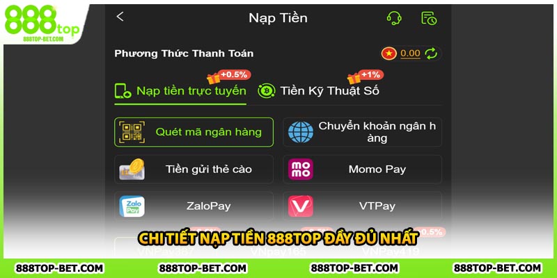Chi tiết nạp tiền 888TOP đầy đủ nhất